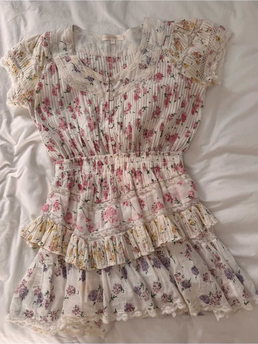 LoveShackFancy Jeromie Floral Ruffled Mini Dress - Size XS - Picture 3 of 5